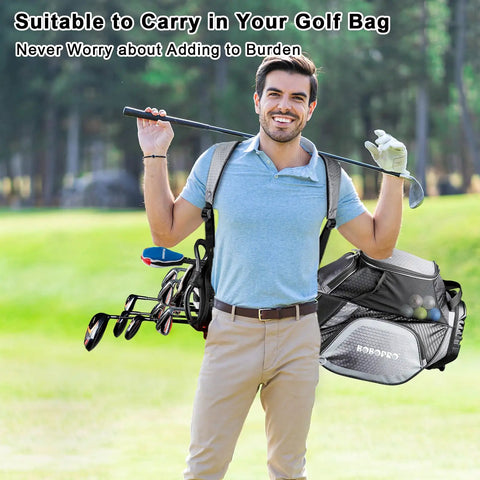 Man carrying a golf bag with a Telescoping Golf Ball Retriever With 12 To 15 Foot Reach, Stainless Locking Head