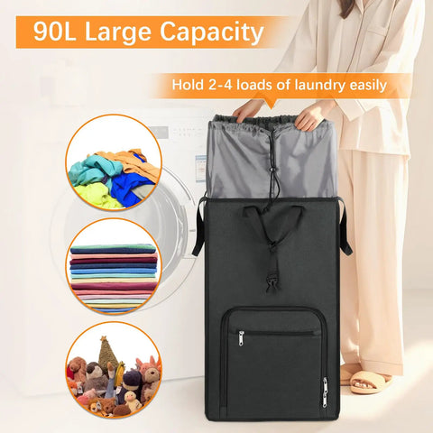 Big Ol 90L Rolling Laundry Backpack With Wheels 3 In 1 Freestanding Laundry Basket And Collapsible Hamper next to washing machine
