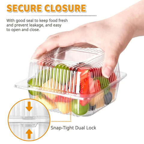 Hand holding 50 Pack Clear Plastic Takeout Containers With Hinged Lids for fruits, secure closure shown