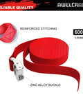 8 Pack 1 Inch By 12 Foot Lashing Tie Down Straps With Cam Buckle 600 Lbs Breaking Strength Carrying Bag Red For Moving Motorcycle Kayak Bike Cargo For All Hauling Needs, red strap with zinc buckle.