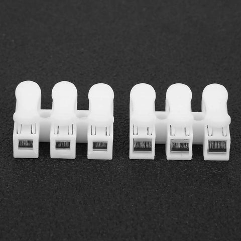 200 Pack Quick Connector Cable Clamps Terminal Block Wire Press Springs For Electric Motors And Electrical Projects, Easy 3 Step Assembly, No Drilling Required, Safe Reliable Connections showing front view of white connectors on black background