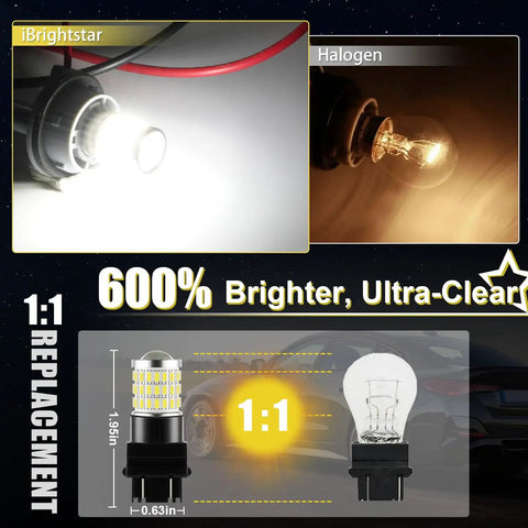 Comparison of 3157 LED light bulb and halogen bulb showing brightness for tail brake reverse signal use.