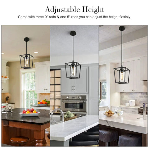 Black Farmhouse Kitchen Island Pendant Light With Metal Cage And Clear Glass Shade over kitchen islands showcasing adjustable height.