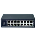 Front view of Industrial 16 Port Gigabit Unmanaged Ethernet Switch With Plug And Play Setup, DIN Rail Mount And Wall Mountable