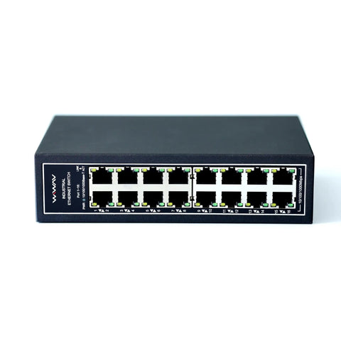 Front view of Industrial 16 Port Gigabit Unmanaged Ethernet Switch With Plug And Play Setup, DIN Rail Mount And Wall Mountable