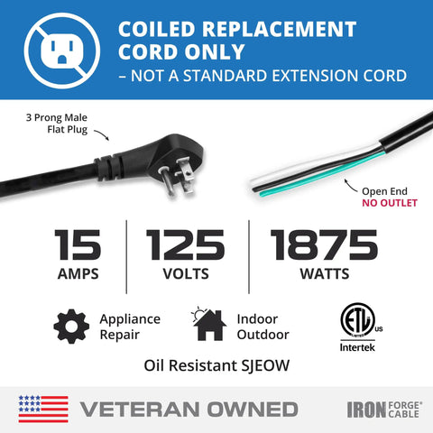 Super Heavy Duty Coiled Extension Cord Retracting Power Cable 5 Foot Black Flat Plug for appliance repair, 15 amps, indoor outdoor use.