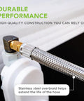 Close-up of RV Propane Hose Extension 18 Inch Stainless Steel Braided Pigtail Hose With One Quarter Inch Inverted Flare And 90 Degree Angle Connector