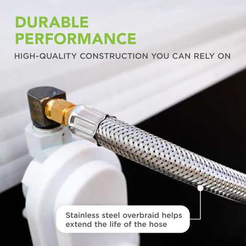 Close-up of RV Propane Hose Extension 18 Inch Stainless Steel Braided Pigtail Hose With One Quarter Inch Inverted Flare And 90 Degree Angle Connector