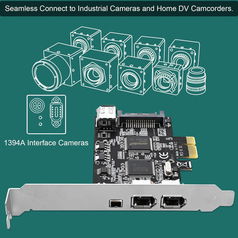 High Speed Firewire 400 PCIe Expansion Card With Four 1394A Ports, 3x 6Pin And 1x 4Pin, Includes Cables And Low Profile Bracket, Works With Windows And Mac OS, TI TSB43AB23 Chipset For Smooth Video Transfer. PCIe FireWire card with three 6-pin and one 4-pin ports