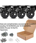 Heavy Duty 3 Inch Caster Wheels Set Of 4 With Swivel Brakes Handles 1100 Pounds includes installation accessories and hardware.
