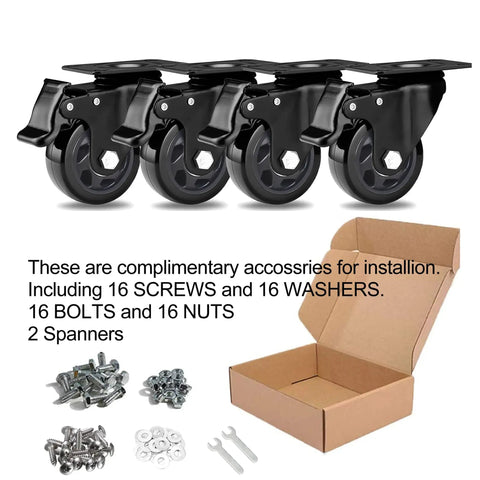 Heavy Duty 3 Inch Caster Wheels Set Of 4 With Swivel Brakes Handles 1100 Pounds includes installation accessories and hardware.