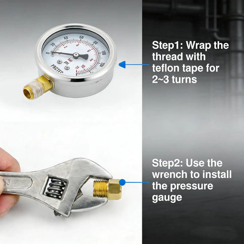 Installation steps for Low Pressure Dry Dial Gauge With A Two And A Half Inch Dial, 304 Stainless Steel Case, Lower Mount, NPT Quarter Inch Connection.