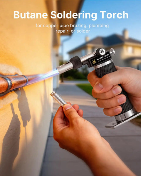 Pro Grade Butane Torch Kit With 16 Pieces, Cordless Soldering Iron in use for copper pipe brazing outdoors