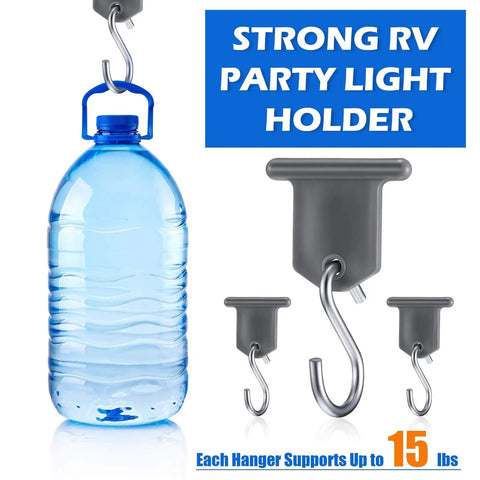 14 Piece RV Awning Hook Set For Lights And Camping Gear S Shaped Gray Hangers with water bottle and capacity text