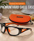Top Shelf Industrial Safety Glasses With Vibrant Orange Frame Clear Anti Fog Lenses Scratch Resistant High Impact Shield Ansi Z87 Certified Uv400 Eye Protection Clutch For The Job Site Bad Boy Gear in a protective hard-shell case.