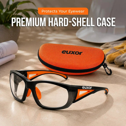 Top Shelf Industrial Safety Glasses With Vibrant Orange Frame Clear Anti Fog Lenses Scratch Resistant High Impact Shield Ansi Z87 Certified Uv400 Eye Protection Clutch For The Job Site Bad Boy Gear in a protective hard-shell case.