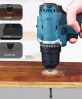 Heavy Duty Cordless Drill Set With Sleek Brushless Motor And Knockout 21V Power Delivers 30 Nm Torque Plus 20 Clutch Settings For Weekend Warrior Garage Projects And Serious DIY Builds With Standard US Plug drilling into wood surface