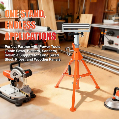 Heavy Duty Roller Stand With 2500 Lb Capacity And 28 To 52 Inch Adjustable Height Foldable Tool Stand For Pipes Wood And Metalworking Projects Built To Last For Long Materials And Sheet Metal Work in workshop setting.