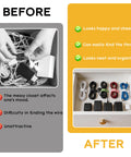 Game Changing Stretchy Silicone Cable Ties with lock buckle in four colors organized in a drawer, showing before and after use.