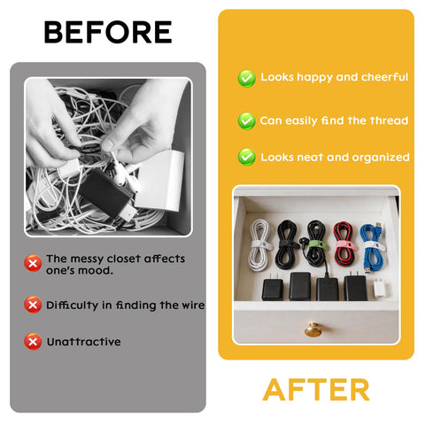 Game Changing Stretchy Silicone Cable Ties with lock buckle in four colors organized in a drawer, showing before and after use.