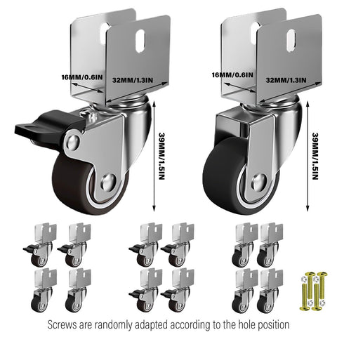 Beefy 4 Pack Heavy Duty Furniture Wheel Castors 1 Inch Swivel Casters shown with screws and measurements