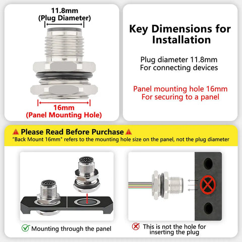 Dimensions and installation guide for M12 12 Pin A Code Male Aviation Connector Cable 0.2M Back Mount Unshielded Straight IP67