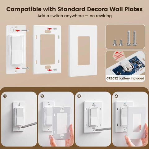 Three Way Wireless Light Switch and Receiver Kit Upgrade Works With Your Existing Switch No Neutral Wire Needed Decora Compatible Interference Free Remote Control Ideal For Old Homes Lighting installation steps.