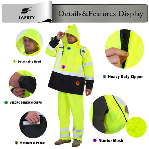 Hi Vis Rain Jacket For Men Waterproof Class 3 High Visibility Rain Gear With Removable Hood And Interior Mesh Liner Black Bottom