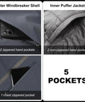 Versatile 3-In-1 Waterproof Windproof Ski Jacket For Men With Removable Puffer Liner showing 5 pockets, including zippered and non-zippered.