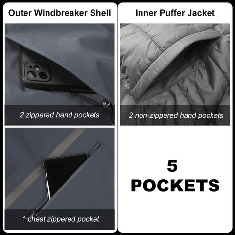 Versatile 3-In-1 Waterproof Windproof Ski Jacket For Men With Removable Puffer Liner showing 5 pockets, including zippered and non-zippered.