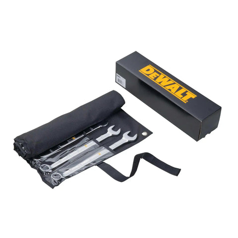 Heavy Duty Metric 18 Piece Wrench Set Built To Last With Full Polish Chrome, tools rolled in black case near branded box