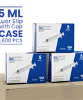 5mL Sterile Luer Slip Syringes Bulk Case, Individually Wrapped, 1600 Count Across 16 Boxes Of 100, Great For Medical, Lab, Or Veterinary Use, Precise Dosing, Hygienic, Easy Draw And Safe Handling, 5 mL syringe case boxes