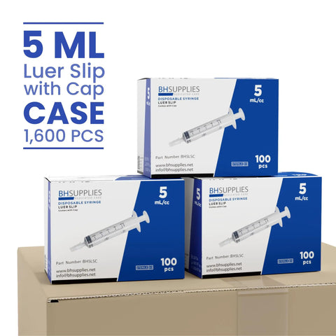 5mL Sterile Luer Slip Syringes Bulk Case, Individually Wrapped, 1600 Count Across 16 Boxes Of 100, Great For Medical, Lab, Or Veterinary Use, Precise Dosing, Hygienic, Easy Draw And Safe Handling, 5 mL syringe case boxes