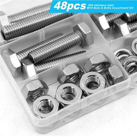Heavy Duty Screw Kit Set 48 Piece With Bolts Nuts And Flat Washers For DIY Electrical Projects Built To Last M10 Size Hardware Pack For Quick Secure Fastening And Home Repairs, 304 stainless steel M10 bolts and nuts in tray