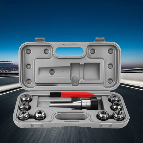 Rock Solid Er32 Collet Chuck Holder Set For Pro Milling Drilling And Boring Cnc Work in gray case with tools visible.