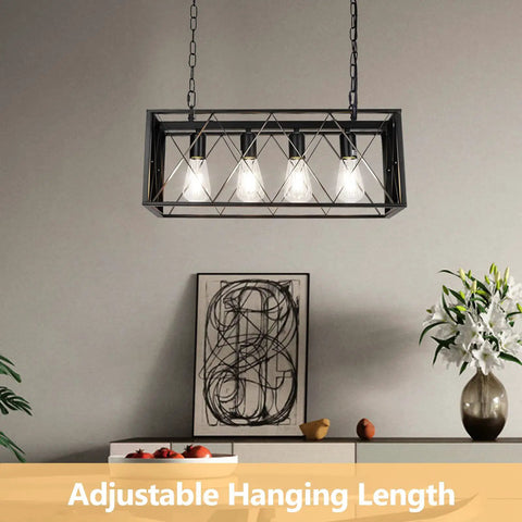Industrial Heavy Duty Kitchen Island Pendant Light Four Light Rectangular Rustic Vintage Hanging Fixture with adjustable chain