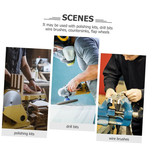 Heavy Duty Flexible Shaft Extension For Electric Grinders And Rotary Polishers quick change power tool in use with polishing kits, drill bits, and wire brushes.