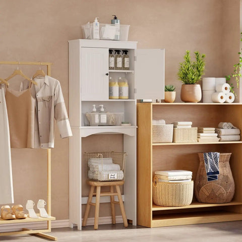 Premium Over The Toilet Storage Cabinet Featuring Adjustable Solid Wood Shelves And Deep Storage Bins For Rolls And Towels In A Sleek White Bathroom Organizer in modern space.