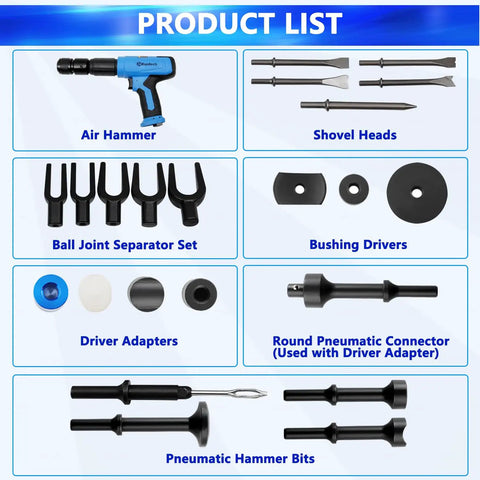 27 Piece Air Hammer Kit With Pneumatic Hammers Up To 2500 BPM Pro Grade Heavy Duty Bead Breaker And Chisel Set One Button Start Self Locking Handle Comfortable Grip For Auto Body Metalworking And Construction Projects with bits and adapters