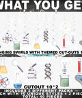 40 Pack Science Hanging Decorations For Kids Birthday Parties And STEM Classrooms, beakers, atoms, microscopes displayed