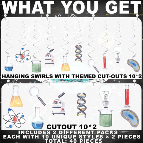 40 Pack Science Hanging Decorations For Kids Birthday Parties And STEM Classrooms, beakers, atoms, microscopes displayed