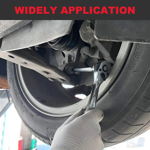 Using Long Reach 3/8 Inch Torx Bit Socket Set on car wheel fastener, shows wide application in automotive repair.