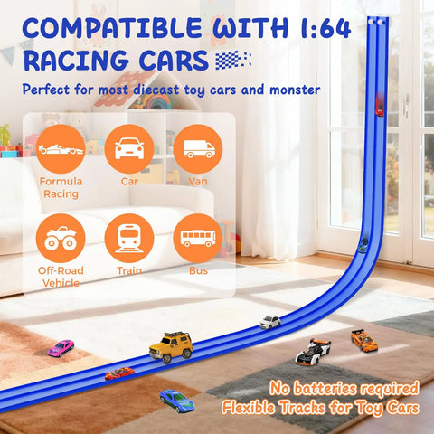 Totally 15 Ft Flexible Race Track Set For Kids 3 Plus With 8 Cars And 4 Suction Cups, DIY Modular Car Track Display