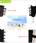 How to use 140 LBS Zipper Top Sand Bags for Canopy Legs and Gazebo Tents, shown securing a canopy on the beach.