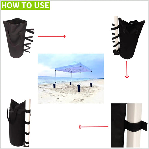 How to use 140 LBS Zipper Top Sand Bags for Canopy Legs and Gazebo Tents, shown securing a canopy on the beach.