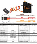 Technical diagram of 2 Pack 4.3G Mini RC Servo Digital Coreless Metal Gear showing wire color codes and specifications.