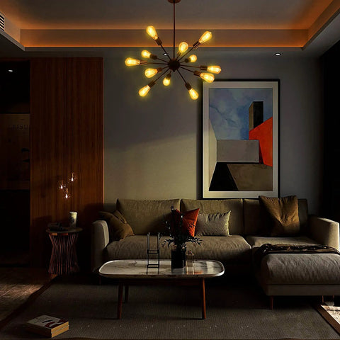 Living room with Sputnik 12-Light Black Chandelier for Living Room and Dining Area, hanging above a modern sofa and art piece.
