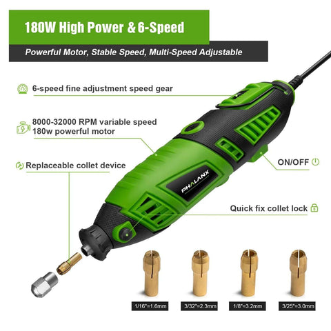 PHALANX 180W rotary tool in green and black with 139-piece accessory kit, variable speed 8000–32000 RPM