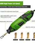 180W Rotary Tool Kit With 6 Variable Speeds And Flex Shaft 8000 To 32000 RPM, green handheld tool shown from the side.