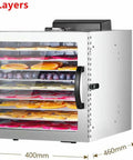 Heavy Duty Stainless Steel Food Dehydrator 10 Hella Spacious Trays BPA Free with fruits on each layer, side view.